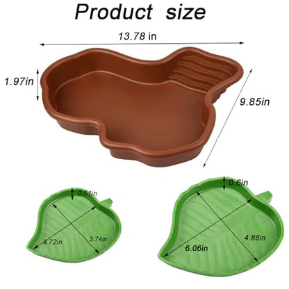 3PCS Tortoise Dish with Ramp Leaf - Tortoise Food & Water Bowls - Reptile Habitat Accessories for Horned Frogs & Lizards - Fit for Bath