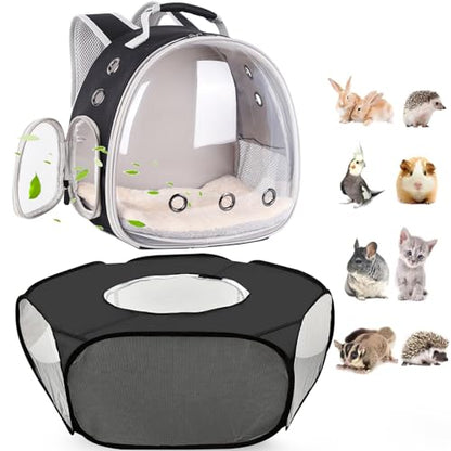 2-Pack Guinea Pig Carrier Backpack and Playpen with Lid, Breathable Pet Playpen Pop Open Exercise Fence, Portable Small Animal Cage for Rabbits, Chinchillas, Squirrel, Lizard, Sugar Glider - color: Black
