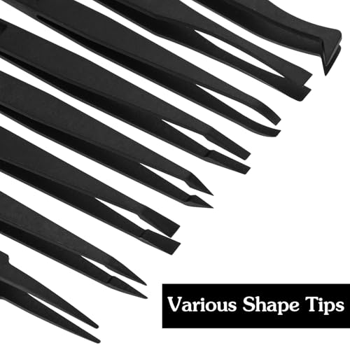 8 PCS Precision Plastic Tweezers, 4.7 Inch Length Precision Anti-Static Tweezers with Curved and Straight Tips for Electronics Assembly, Jewelry-Making, Watch Repair, Crafts Making, Black