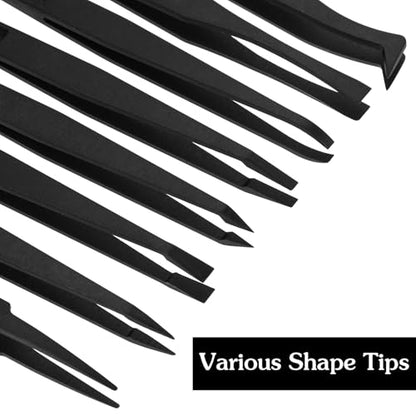 8 PCS Precision Plastic Tweezers, 4.7 Inch Length Precision Anti-Static Tweezers with Curved and Straight Tips for Electronics Assembly, Jewelry-Making, Watch Repair, Crafts Making, Black