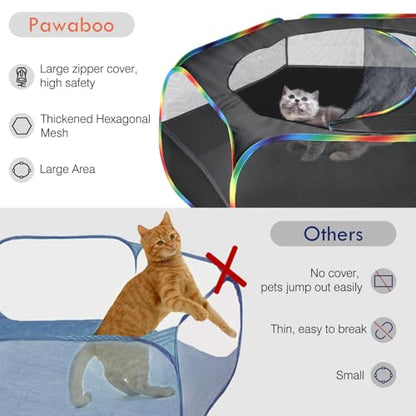Pawaboo Small Animals Playpen, Waterproof Small Pet Cage Tent with Zippered Cover, Portable Outdoor Yard Fence with 3 Metal Rod for Chick/Kitten/Puppy/Guinea Pig/Rabbits/Hamster, Black + Rainbow - color: Black + Rainbow
