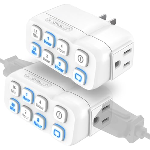 Fosmon Countdown Plug-in Timer Dual Outlets, Indoor Light Timers for Electrical Outlets, 15-30 Min, 1-2-4-8 Hour Settings, Grounded 3-Prong, 15A/1875W, ½ HP, 2-Pack - style: countdown timer 2 pack