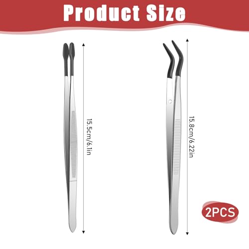 Rubber Tipped Tweezers, 2 Pcs PVC Coated Precision Tweezers Hobby Craft Tweezers Set, Long Bent and Straight Flat Tip Tweezers for Crafts Stamps Coin Beads Jewelry Industrial Electronic Lab (Black) - color: Black