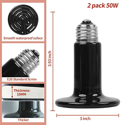 50W Ceramic Heat Emitter (2 Pack), Reptile Heat Lamp Bulbs, Ceramic Heater for Amphibian, Pet Brooder Coop, Chicken, Dog, Cat - size: 50*2