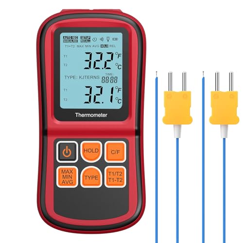 Kamtop Dual Channel Digital Thermocouple Thermometer, K-Type Temperature Meter with 2 Thermocouple Probes, T1/T2 & T1-T2 Measurement, Backlit LCD, MAX/MIN/AVG/Hold, Supports K/J/T/E/R/S/N