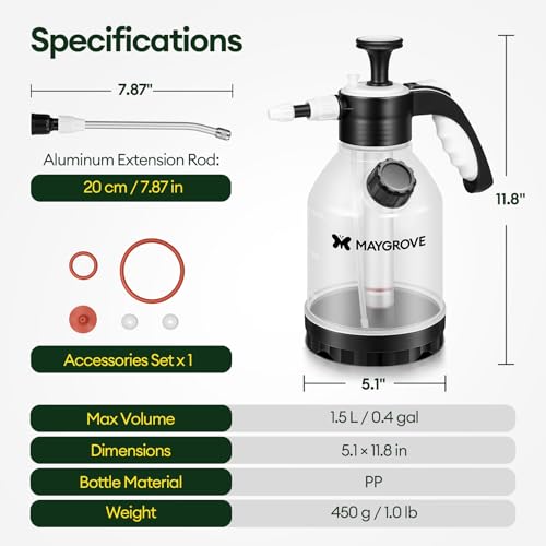 MAYGROVE 50oz Pump Sprayer, Hand Water Spray Bottle for Indoor Plant, Clear Plant Sprayer with Side Filling Port, Measuring Cup, Adjustable Nozzles, Safe Pressure Relief Valve