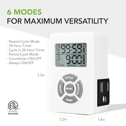 BN-LINK Digital Outlet Timer with Interval Repeat Cycle Indoor,24 Hour Programmable Outlet Timers for Electrical Outlet, Energy Saving 3 Prong Plug-in Outlet with Countdown On/Off,125V/15A/1875W