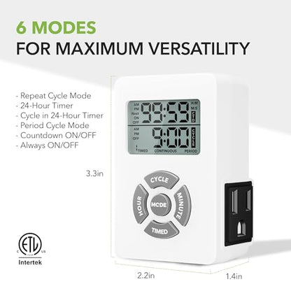 BN-LINK Digital Outlet Timer with Interval Repeat Cycle Indoor,24 Hour Programmable Outlet Timers for Electrical Outlet, Energy Saving 3 Prong Plug-in Outlet with Countdown On/Off,125V/15A/1875W - color: 24 Hour, 1 Outlet, 1-pack