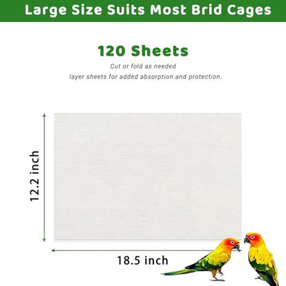 ZIQON 120 Pcs Bird Cage Liner Papers Big Size Cage Paper Liners Disposable Cage Paper Liners Precut Absorbent Cushion Pad Mat Accessories for Pet Bird Parrot (White, 18.5 * 12.2) - size: 18.5*12.2