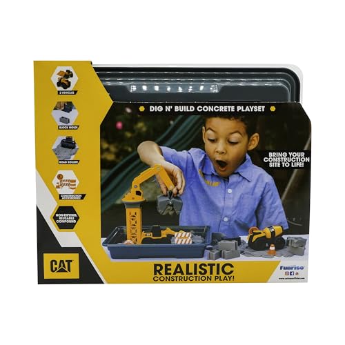 CAT Dig N Build Concrete Playset 12-oz Moldable Concrete Compound, Crane, 2 Little Machines Vehicles, Construction Molds & Easy-Cleanup Tray, Sensory STEM Kit for Kids Ages 3 + - style: Concrete
