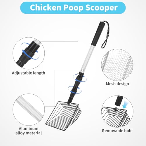 3 PCS Chicken Poop Scooper,Stretchable Coop Scoop for Rudak Chicken,Detachable Stainless Steel Cat Litter Scoop with Mesh Replacement Head,Long Handle Cat Poop Scooper Sand Sifting Shovel