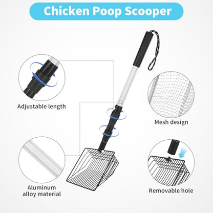 3 PCS Chicken Poop Scooper,Stretchable Coop Scoop for Rudak Chicken,Detachable Stainless Steel Cat Litter Scoop with Mesh Replacement Head,Long Handle Cat Poop Scooper Sand Sifting Shovel