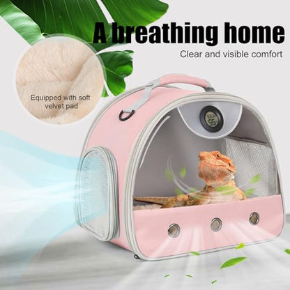 Bearded Dragon Travel Backpack Carrier with Reptile Thermometer and Humidity Gauge Lizard Travel Cage Space Capsule Clear Bubble Window Astronaut Reptile Bag for Ball Python (Pink, Carrier+I LSH) - color: Pink, size: Carrier+I LSH