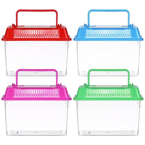NUOBESTY 4pcs Portable Transparent Fish Tanks Mini Plastic Aquarium Box with Handle for Reptile Hamsters Tortoises Small Fish Carrier