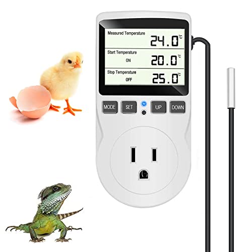 KABASI Digital Temperature Controller, LCD Screen Heating Cooling Reptile Thermostat with Sensor Probe for Snake, Lizard, Incubator, Brewing, Incubator, Greenhouse, Terrarium ℉/℃ 15A 1800W 120V - color: Classics