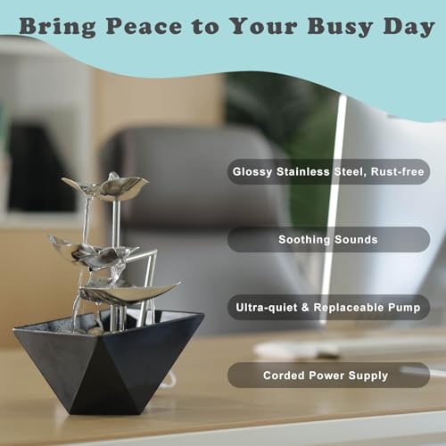 Tabletop Water Fountain Indoor - Handcrafted 3-Tier Waterfall 304 Metal | Easy "+" "-" On/Off Switch, Quiet Pump, Zen Relaxation for Office, Living Room, or Bedroom, Durable Desktop Fountain - color: Black
