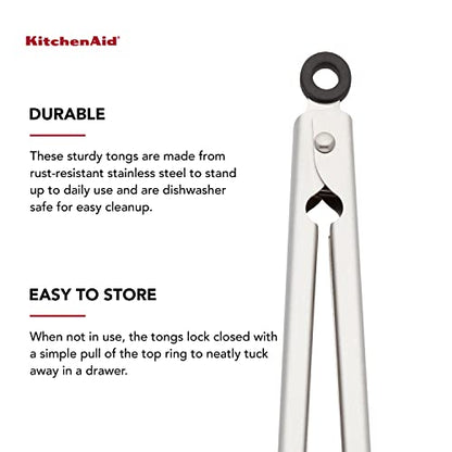 KitchenAid Gourmet Stainless Steel Serving Tongs with Hang Hook and Secure Closing Lock, 9 Inch, Stainless Steel - color: Stainless Steel, size: 9 Inches