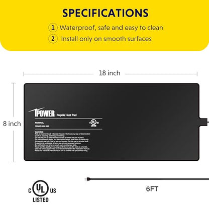 iPower 8x18 Inch Reptile Heating Pad with LCD Digital Aquarium Thermometer, Under Tank Heater Warmer Heat Mat for Turtles, Lizards, Frogs, Snakes - color: Black/Heat Pad + Thermometer, size: 8" x 18"