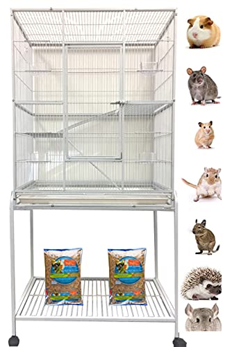Extra Large Wrought Iron Chew-Proof 4-Levels Narrow Bar Spacing Ferret Chinchilla Squirrel Sugar Glider Rats Mices Rabbit Squirrel Hamster Cage Easy Clean Pull Out Tray with Removable Rolling Stand - color: White Vein, size: 32"L x 19"W x 60"H With 1/2" S