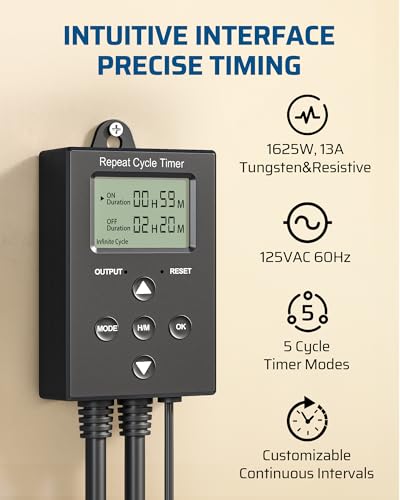 DEWENWILS Repeat Cycle Digital Timer, Interval Timer Outlet, Infinite/Day/Night Cycles, Photocell Light Sensor for Hydroponics Aquaponics Aeroponics, Pump, Fan, Water Heater, Indoor Use,1625W/125V/13A
