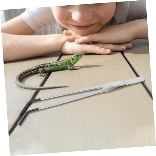 Mikikit 2pcs Stainless Steel Long Aquarium Tweezers with Rubber Tips Curved Feeding Tongs for Reptiles Terrarium Tools for Snake Gecko and Other Pet Supplies