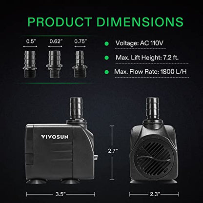VIVOSUN 480GPH Submersible Pump(1800L/H, 25W), Ultra Quiet Water Pump with 7.2ft High Lift, Fountain Pump with 5ft Power Cord, 3 Nozzles for Fish Tank, Aquarium, Statuary, Hydroponics Black - size: 6"×4"-480