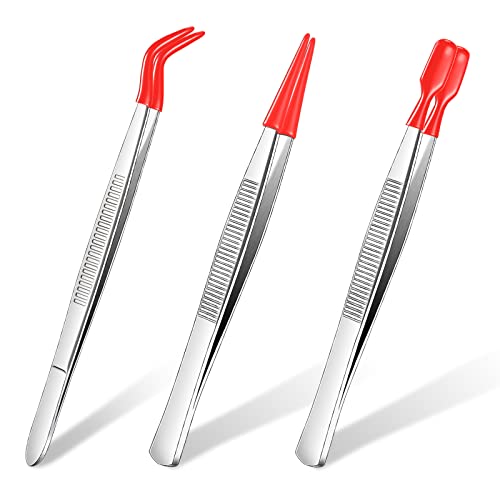 Honoson 3 Pieces Rubber Tipped Tweezers for Crafting Set - PVC Coated Flat, Straight & Bent Tips Stamps, Beads, Jewelry(Red) - color: Red