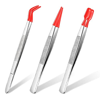 Honoson 3 Pieces Rubber Tipped Tweezers for Crafting Set - PVC Coated Flat, Straight & Bent Tips Stamps, Beads, Jewelry(Red) - color: Red