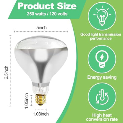 3 Pack Heat Lamp Bulb Replacements for Food Heat Lamp, 250W Heat Lamp Light Bulbs Infrared Heat Bulb, 120v Heating Lightbulbs with E26 Base (3)