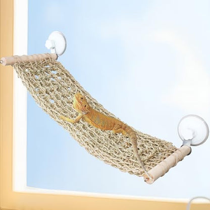 Bearded Dragon Hammock for Window, 21.6 x 7.8 in Natural Seagrass Bearded Dragon Hammock, Large Lizard Window Perch, Reptile Hammock Bed with Powerful Suction Cups for Tank Accessories