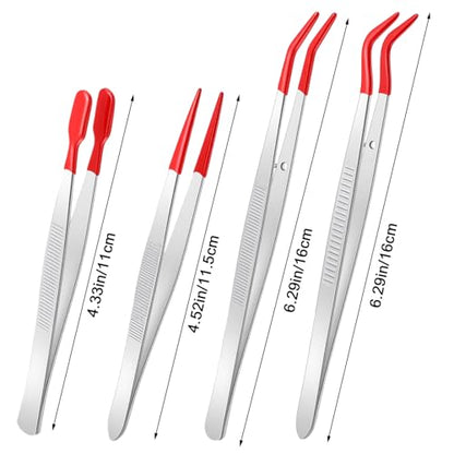 4 Pcs Rubber Tipped Tweezers PVC Coated Craft Tweezers for Stickers Straight Tip Flat Tip Long Bent Tweezer Pointed Tips for Crafts Stamps Electronics Beads Jewelry Lab Work