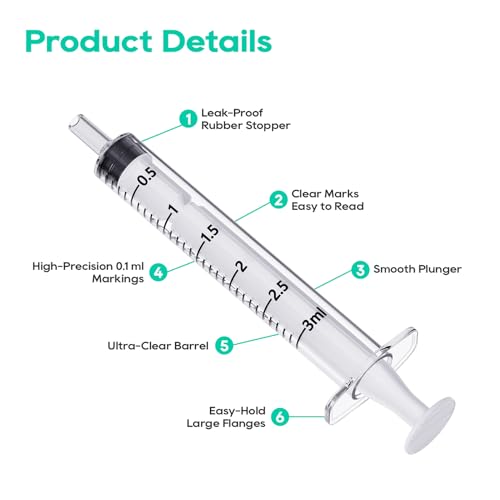 JOLLY PARTY 100 Pack 3ml Syringes with Caps, Mini 3cc Syringe Needleless, Small Oral Syringe with Tip Cap Individually Wrapped for Scientific Labs, Liquid Measuring, Pet Feeding, Oil & Glue Dispenser - style: 3ml