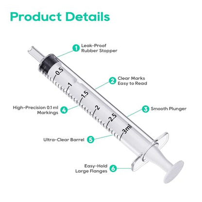 JOLLY PARTY 20 Pack 3ml Syringes with Caps, 3cc Syringe Needleless, Small Oral Syringe with Tip Cap Individually Wrapped for Scientific Labs, Liquid Measuring, Pet Feeding, Oil & Glue Dispenser - style: 3ml