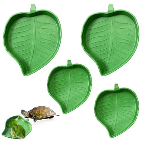 Xindojuz 4 PCS Leaf Reptile Water Dish, Reptile Water Bowl, Tortoise Habitat Accessories, Bearded Dragon Water-Bowl, Turtle Food Feeding Plates for Turtle Small Snake Lizard Gecko, 2 Sizes