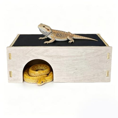 Bearded Dragon Basking Platform,Wood Gecko Hide with Basking Slate Rock,Wooden Reptile Hide Hideout Cave Terrarium Decor,Leopard Gecko Climbing Tank Accessories for Lizard,Gecko,Snake,Turtle