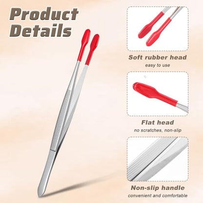 4 Pieces Rubber Tipped Tweezers, Forceps Silicone Coated Flat Tip Long Bent Precision Tweezers, Hobby Craft Tweezer Tools for Crafting Stamps Coins Jewelry Industrial Electronic Lab (Black & Red)