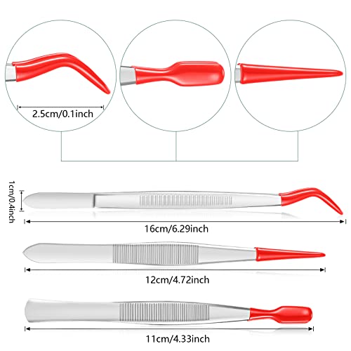 Honoson 3 Pieces Rubber Tipped Tweezers for Crafting Set - PVC Coated Flat, Straight & Bent Tips Stamps, Beads, Jewelry(Red) - color: Red