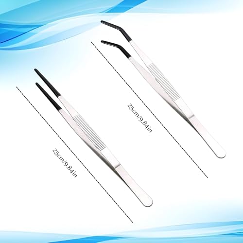 2-Piece Set of Ultra Long Stainless Steel Reptile Feeding Forceps with Rubber Tips, 9.8-Inch Straight and Curved Tweezers, Aquarium Feeding Tool, Silver