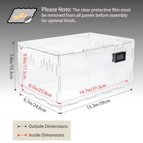 BETAZOOER Reptile Terrarium Breeding Tank Acrylic Reptile Feeding Box with Temperature Hygrometer (15.3"x9.7"x7.6") - size: Large
