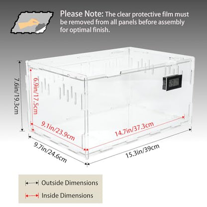 BETAZOOER Reptile Terrarium Breeding Tank Acrylic Reptile Feeding Box with Temperature Hygrometer (15.3"x9.7"x7.6") - size: Large