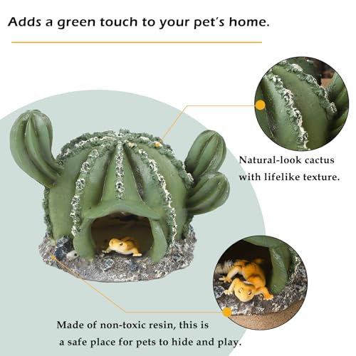 IBWell Resin Cactus Leopard Gecko Hide Reptile Cave，Desert Terrarium Décor，Bearded Dragon Hideout, Small Reptile Hide