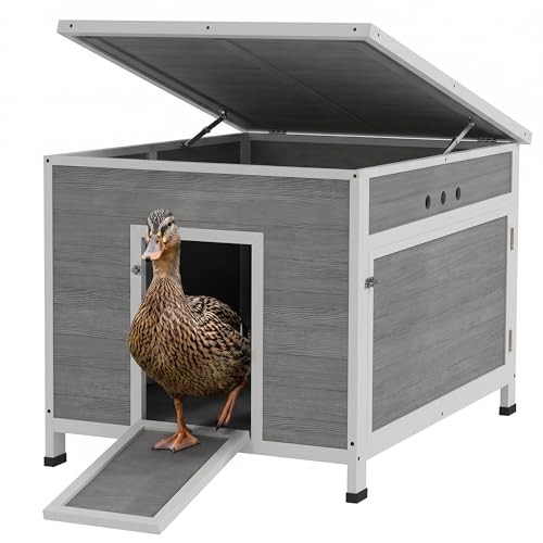 PawHut Duck Coop, Wooden Chicken House Rabbit Hutch with Openable Roof, Removable Floor, Double Doors, Ramp, Duck House for 3-6 Chickens, Geese, 30" x 38" x 30" - size: 29.9"L x 37.8"W x 30.3"H