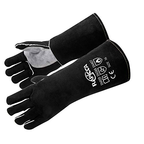 RAPICCA MIG Welding Gloves for Men, 662°F Fireproof Leather, 16 in Black | For Stick & Flux-Core Welding, Welders & Blacksmiths, Forge, Fireplace, Fire Pit, Wood Stove, Cast Iron, Dry Ice - color: Black(length 16in)