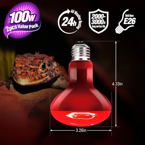 Leoterra 100W High-Power Reptile Red Heat Lamp 2-Pack, Intense Infrared Night Heat Bulb with Thickened Glass, 2000+ Hours for Large Tortoise, Iguana, 40-75 Gal Tank E26 Base 110v - style: R80100 Red Night Light