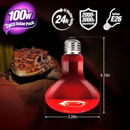 Leoterra 100W High-Power Reptile Red Heat Lamp 2-Pack, Intense Infrared Night Heat Bulb with Thickened Glass, 2000+ Hours for Large Tortoise, Iguana, 40-75 Gal Tank E26 Base 110v - style: R80100 Red Night Light