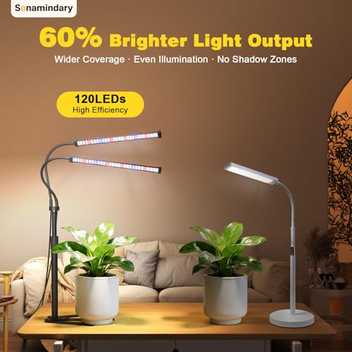Grow Lights for Indoor Plants, Full Spectrum LED Plant Light with 9.8-35 in Tripod Stand, 120 LEDs 5700K, 4/8/12H Auto Timer, 5 Brightness Levels - size: Stand-2Head