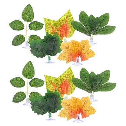 Cabilock 10pcs Reptile Terrarium Plants Artificial Simulation Leaf Decor with Suction Cups for Lizard Chameleon Snake Habitat and Climbing Tank Supplies