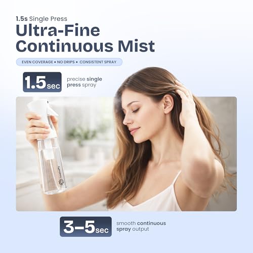 Continuous Spray Bottle for Hair – Fine Mist Water Sprayer 10oz (300ml), Refillable for Hair Styling, Continuous Mist for Plants, Cleaning, Skincare & Petcare, BPA-Free, Leak-Proof, 360° Mist