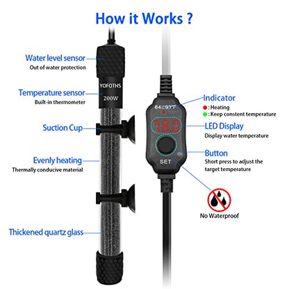 YOFOTHS Adjustable Mini Aquarium Heater 20-40 Gallons Submersible Small Fish Tank Heater 200W Digital Display Thermostat External Temperature Controller (200W) - size: 200W