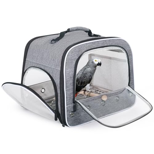 halinfer Bird Carry Carrier to Transport Large Size Parrot, Portable Bag with Metal Tray and Grid for Medium and Large Birds Like African Grey, Long Tail Cockatiel and Parrot - color: Grey